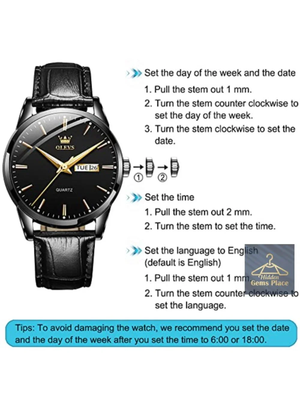 Men's Quartz Dress Watch with Day Date Luminous Hands Stainless Steel Leather